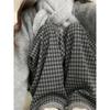 Pantalones anchos de lana con forro polar para mujer, estilo coreano, retro, de cintura alta, rectos, negros y grises, a cuadros, para otoño e invierno, talla XS