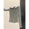 Camiseta Básica de Manga Larga con Capucha para Mujer, Estilo Dulce y Picante, Cuello en V Semiabierto con Botones, Diseño Estilo Ins para Otoño e Invierno