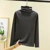 Otoño e Invierno Nuevo Algodón Elástico Cuello Alto Manga Larga Camiseta Básica Moda Versátil Casual Suéter Superior para Mujer Camiseta Cálida