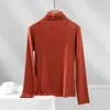 Camiseta de manga larga básica ajustada para mujer que realza la figura, de canalé, color liso, cuello alto, top fino versátil para primavera y otoño