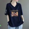 Camiseta de Manga Corta para Mujer de Comercio Exterior Transfronterizo, Cuello en V, Nuevo Estilo de Verano, Holgada, Talla Grande, Cubre Vientre, Adelgazante, Top Camiseta Estampado de Moda