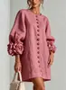 Vestido de Manga Abullonada Floral Tridimensional Estilo Francés Nuevo 2026 para Mujer, Corte Holgado, Cuello Redondo, Vestido Corto de Color Sólido, Estilo de Moda Transfronterizo