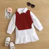 Conjunto de Dos Piezas para Niñas de Otoño Nuevo Camisa con Cuello Solapa Manga Larga Volantes Estilo Princesa Chaleco Tejido