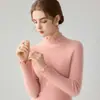 Camiseta básica de punto de manga larga para mujer, estilo otoño e invierno, cuello medio alto con volantes en el dobladillo, corte ajustado, top elegante, suéter de primera calidad