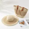 Nuevo Set de Bolso y Sombrero Tejido de Paja, Set de Dos Piezas de Gran Capacidad, Bolso Tote para Viajes al Aire Libre, Sombrero de Ala Ancha para el Sol, Versátil