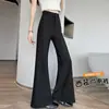 Toma real: Traje de mujer negro, pantalón de campana, nuevo estilo primavera/verano, tiro alto, adelgazante, con efecto de caída, elástico, pantalón de campana casual