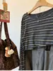 Ruiyee Ming Conjunto Estilo Coreano Raya Gris Corte Delgado Manga Larga Suéter Base de Punto Mujer Otoño Petite