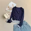 Camiseta Manga Longa Slim Botão Estilo Coreano Falsa Duas Peças Outono Nova Fina Curta Ombro Normal Realça Tom de Pele Top Feminino