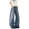 Calça jeans lavada com estampa de letras de marca da moda para homens, calça larga de alta costura outonal com aspecto desgastado, calça solta com vibe de comprimento até o chão