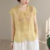 Novo suéter de manga curta bordado com renda estilo chinês para mulheres, novo top casual de algodão e linho vintage para mulheres, verão 2026
