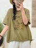 Verano Nuevo Camiseta de Punto de Algodón de Doble Capa Estampada para Mujer, Casual Versátil Holgada Talla Grande Manga Corta Camiseta Top al Mayoreo
