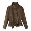 Fábrica de Ropa para Mujer Transfronteriza Venta al por Mayor Moda Europea y Americana 2026 Chaqueta Abrigo Suelta Botones con Cinturón Textura de Gamuza