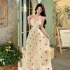 Vestido Francês Floral Decote V Halterneck Suspensório para Mulheres Verão Novo Férias à Beira-Mar Lindo Cintura Marcada Saia A-Line Bainha Larga