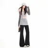 Pantalones casuales para mujer para comercio electrónico transfronterizo, pantalones de yoga de imitación de dos piezas, elegantes pantalones largos grises con aberturas acampanadas, pantalones largos negros, largo extendido gris