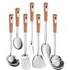 Utensílios de cozinha com cabo de imitação de madeira, espátula de aço inoxidável, colher com vazamento, colher de sopa, colher para fritar, colher de arroz, conjunto de espátula de cozinha