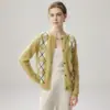 Cárdigan de Cachemira Estilo Otoño/Invierno 2026 Para Mujer Cuello Redondo Base de Cuadros de Diamantes Estilo Versátil de Una Sola Fila Prendas de Abrigo Cálidas