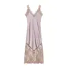 Comércio Exterior Transfronteiriço Roupas Femininas Primavera 2026 Estilo Francês Europeu e Americano Vestido de Cetim Elegante e Sexy Embelezado com Renda de Cílios para Mulheres