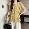 Talla Grande Nuevo Estilo Coreano Cuello Redondo Solapa Sencilla Entallado en la Cintura Sin Mangas Adelgazante Versátil Algodón-Lino Camisa Top Fina para Mujer