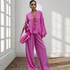 Pijama Feminino de Cor Sólida com Amarração no Top e Calça, Loungewear Casual Soltinho que Pode Ser Usado Fora, Disponível para Atacado