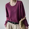 Suéter de punto de algodón para mujer, cuello redondo, borde con volantes, manga larga, corte holgado, adecuado para primavera y otoño, suave y cómodo, perfecto para el uso diario, color liso, estilo pullover, capa base