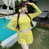 Bikini Rayado Casual de Gama Alta Dopamina Conjunto de Cuatro Piezas que Cubre el Cuerpo y Te Hace Ver Más Delgada, Traje de Baño para Resort y Aguas Termales Tallas Grandes para Mujeres