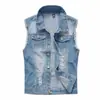 Chaleco de Mezclilla sin Mangas para Hombre de Nueva Llegada 2024 Chaleco de Verano Primavera Otoño Moda Ajustado con Agujeros Chaleco Lavado Estilo Coreano