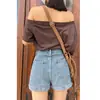 Shorts Jeans de Cintura Alta da Moda para Mulheres, Estilo Fino de Verão, Novo Modelo 2023, Tamanho Petite, Barra Dobrada, Modelo A-Line, Hot Pants