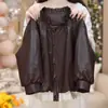 Moda Feminina Primavera e Outono Top de Couro Preto Elegante com Manga Bufante Versátil Diário Jaqueta de Couro Infantil Roupa Externa Estilosa