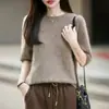 Suéter de Tricô Gola Redonda Feminino 2026 Outono/Inverno Novo Lã Cashmere Manga Curta Escovado Cor Sólida Suéter de Lã