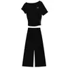 Elegante conjunto de duas peças para mulheres, ombro a ombro, manga longa, outono, estilo estudante, soltinho, modelador, moda coreana, calça de perna larga, casual, esportivo