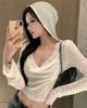 Camiseta corta con capucha de manga larga para mujer, estilo Hot Girl, verano 2023, con nuevo diseño con el ombligo al descubierto, top corto con protección solar