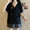 Camiseta Manga Curta Estilo Preguiçoso com Pingente Plus Size para Mulheres Verão 2025 Nova com Caimento Solto, Efeito Emagrecedor e Moda que Cobre a Pele com Decote V para Mulheres