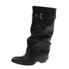 Calça Legging de Couro Empilhado Pregueado com Rebite Preto Fivela Tubo Largo Botas 2026 Outono Novo Versátil Bico Fino Botas Longas Femininas