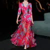 Verano 2025 Nuevo Estilo Europeo y Americano Transfronterizo Amazon Elegante Ropa para Mujer Vestido Rojo con Estampado Digital y Cuello en V de Manga Larga para Mujer