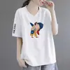 Comércio Exterior Transfronteiriço Roupas de Verão para Mães Estampadas Decote V Solto Tamanho Grande Casual Elegante Camiseta Feminina para Mulheres de Meia-Idade