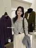 Cardigan de tricô aberto cinza estilo coreano com gola alta, macio e confortável, para mulheres, jaqueta suéter de manga comprida para outono, top curto