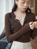Cuello tipo Henry suave Tencel lana sentido del diseño falso dos piezas camiseta base top mujer otoño ropa interior camiseta de manga larga ajustada