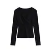 Camiseta Manga Longa Patchwork Torcido Decote V Puramente Sexy, Novo Estilo Primavera, Fashion e Versátil, Top Curto de Base Slim