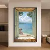 Pintura Decorativa Moderna Minimalista de Janela Falsa com Vista para o Mar para Sala de Estar, Parede de Fundo de Sofá, Pintura Suspensa para Extensão de Espaço