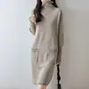 Novo Vestido Longo de Gola Alta 100% Lã Estilo Preguiçoso Outono/Inverno para Mulheres, Caimento Solto, Suéter de Cashmere Acima do Joelho