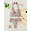 Nuevo traje de baño bikini estilo europeo y americano 2027, diseño retro, sexy escote halter, detalle de amarre, traje de baño bikini de dos piezas para mujer
