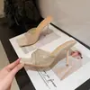 Sandálias de Verão 2026 Novas de Malha com Strass Femininas Bico Quadrado Salto Alto Fino Agulha Tira Única Abertas Sexy Slides