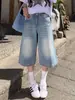 Jeans American Retro Lavados de Pierna Ancha Azul Claro Cortos para Mujer, Shorts Rectos Sueltos Adelgazantes de Verano