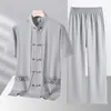 Traje Tang para Hombre, de Mediana Edad y Ancianos, Ropa de Verano de Manga Corta Estilo Chino para Papá, Abuelo, Conjunto de Seda de Hielo, Conjunto Casual Estilo Chino para Padre