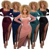 Amazon Ropa TransEuropea y Americana Otoño e Invierno 2024 Vestido Sexy de Terciopelo Dorado con Cuello Cuadrado y Abertura Alta Vestido Largo para Fiesta de Noche