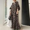 2024 Japonés y Coreano Nuevo Estampado de Leopardo Cuello Manga Abullonada Moda Suelto Casual Bohemio Vestido Camisero
