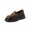 Mocasines de piel de oveja con suela gruesa y forro polar, estilo británico, con hebilla de metal, para primavera de 2025, tacón medio grueso, punta redonda, de cuero, de una sola capa, para mujer.