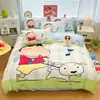 Juego de Cama de Cuatro Piezas de Terciopelo de Leche de Shin-chan, Engrosado y Forrado de Felpa, Incluye Funda de Edredón y Sábana, Juego de Tres Piezas de Franela Coral
