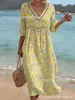 2026 Novo Vestido Casual de Praia com Manga Curta e Decote em V Patchwork Moda Cruzada de Verão para Mulheres