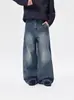 Jeans de Perna Larga Estilo High Street Americano para Homens, Caimento Solto, Lavado, Costurado à Mão, Calças Casuais Retas Longas, Calças até o Chão